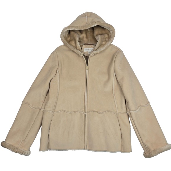 Jones New York Sport Women's Tan Suede Leather Hooded Jacket Faux Fur Lining L - Picture 1 of 7